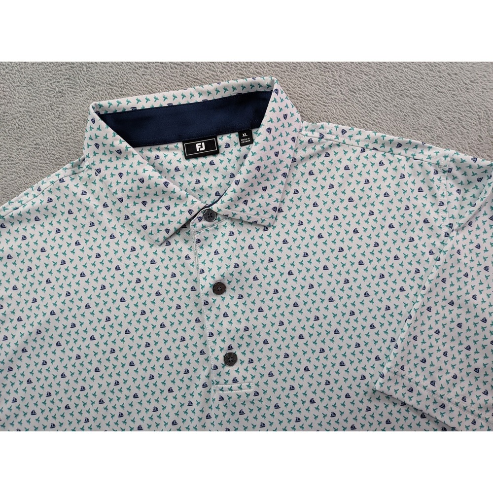 FootJoy Mens XL Golf Polo Shirt White Teal Sailboat Bird Print Lisle Stretch FJ